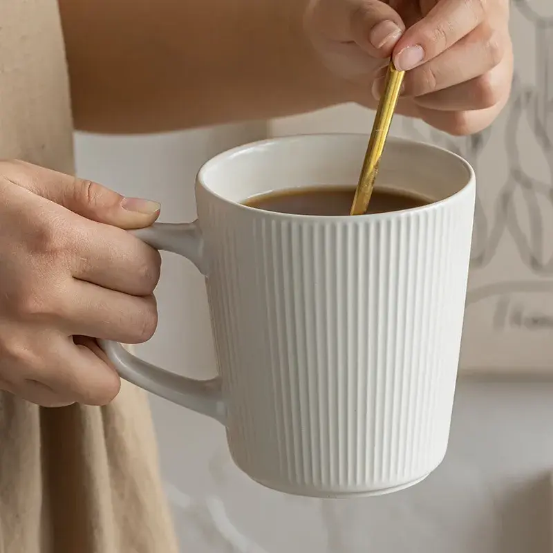 Coffee Cup Vintage Style Striped with Handle Simple Ceramic High Capacity Milk Breakfast Mug for Household Office Water Cup