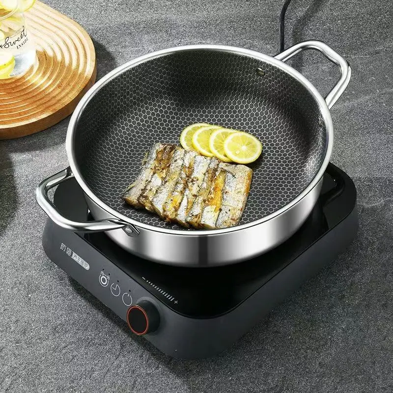 316 Stainless Steel Frying Pan 28cm Wok Non-stick Cooking Honeycomb Steak Gas Stove Pot Induction Saucepan Kitchen Cookware
