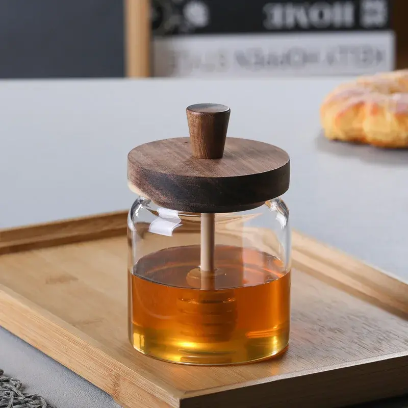 500ML High Borosilicate Glass Sealed Tank Honey Jar with Wooden Lid Mixing Rod Wood Dip Sticks Transparent Home Sealed Jars