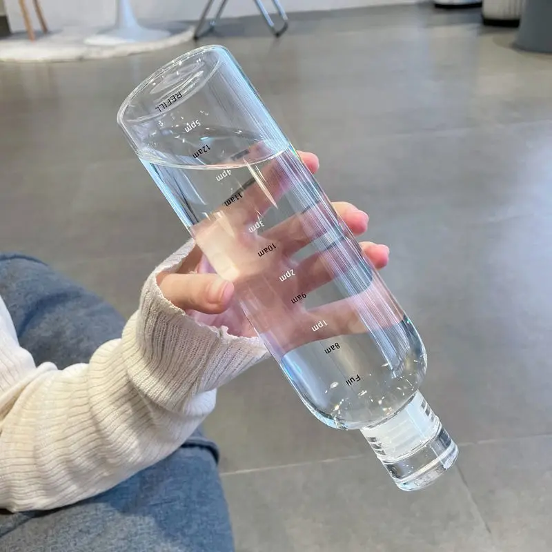 2pcs 300-1000ml Clear Glass Water Bottle Large Capacity with Time Marker Cover for Water Drink Outdoor Portable Milk Juice Cup