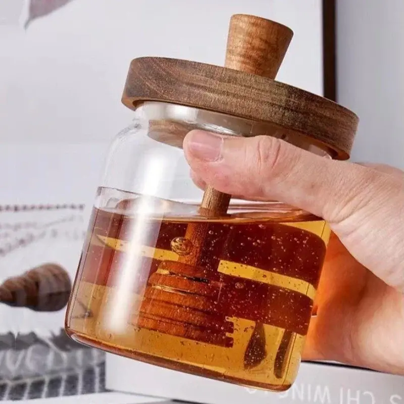 500ML High Borosilicate Glass Sealed Tank Honey Jar with Wooden Lid Mixing Rod Wood Dip Sticks Transparent Home Sealed Jars