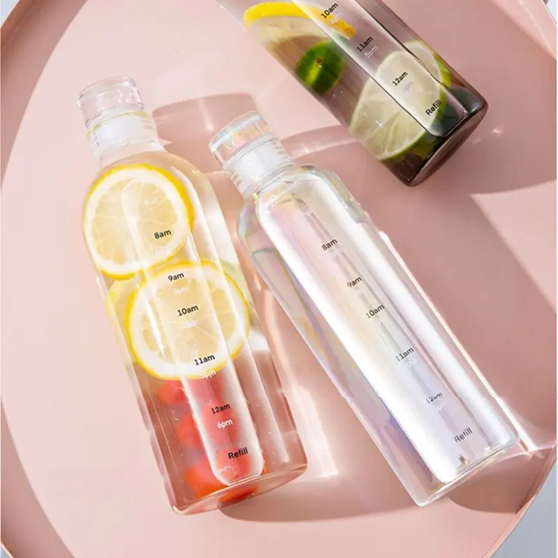 2pcs 300-1000ml Clear Glass Water Bottle Large Capacity with Time Marker Cover for Water Drink Outdoor Portable Milk Juice Cup