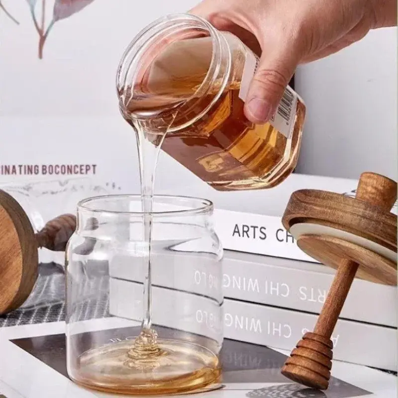 500ML High Borosilicate Glass Sealed Tank Honey Jar with Wooden Lid Mixing Rod Wood Dip Sticks Transparent Home Sealed Jars