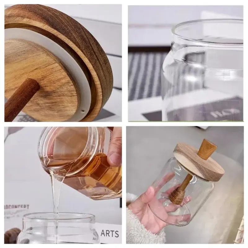 500ML High Borosilicate Glass Sealed Tank Honey Jar with Wooden Lid Mixing Rod Wood Dip Sticks Transparent Home Sealed Jars