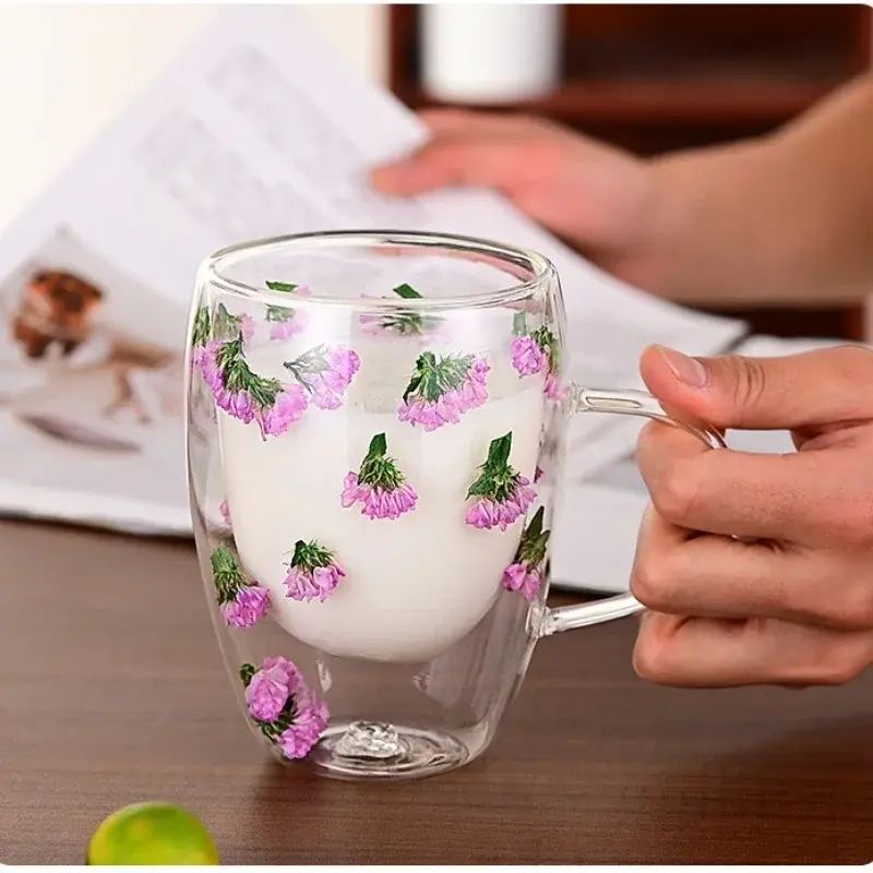 1PCS 300ml Double Wall Glass Cup with Handle Dried Flower Decorated Ins StyleDurable Coffee Milk Mug Heat Resistant Tea Cups