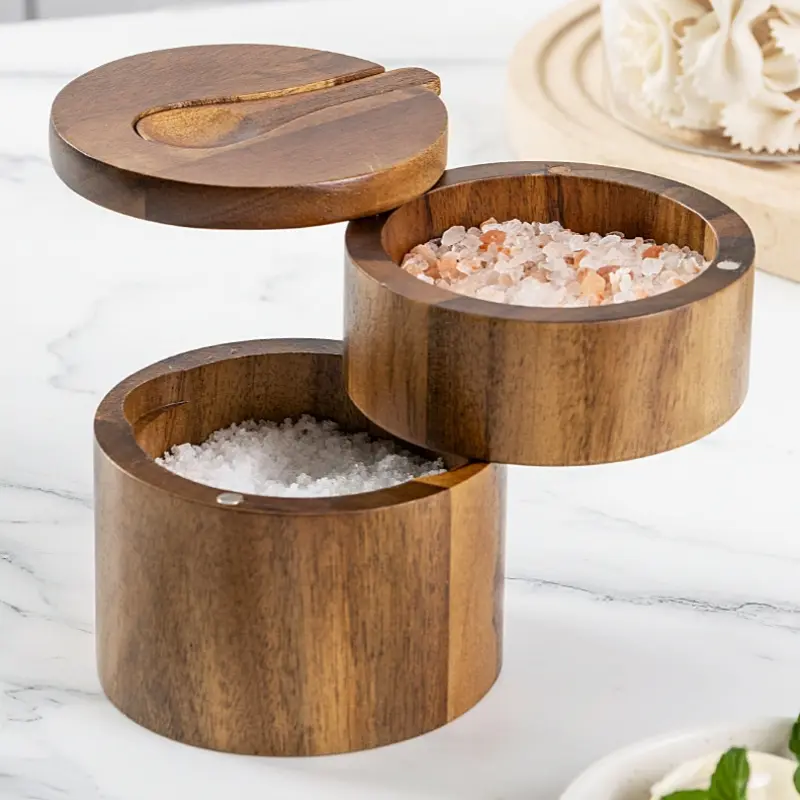 Wooden Salt Cellar with Spoon Kitchen Salt Box Pepper Jar with Swivel Closure Lid Round Container To Condiment Spice Container