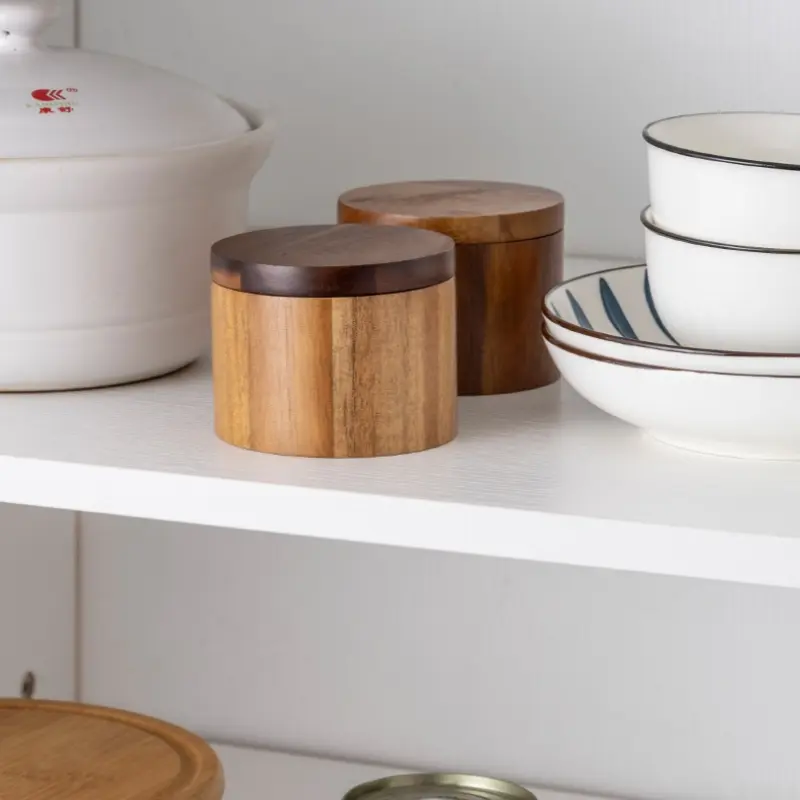 Wooden Salt Cellar with Spoon Kitchen Salt Box Pepper Jar with Swivel Closure Lid Round Container To Condiment Spice Container