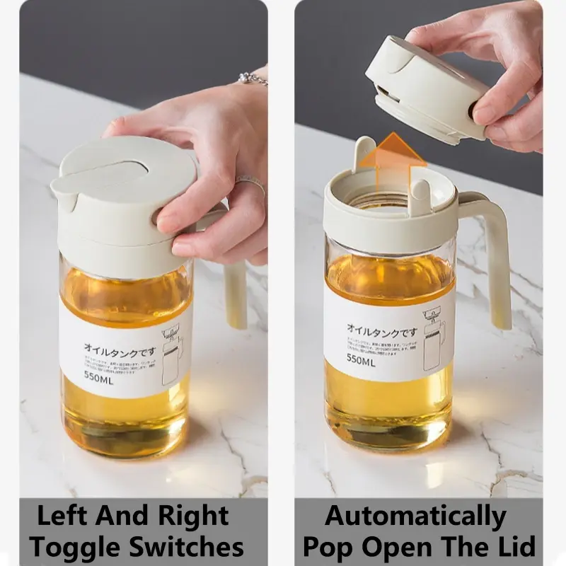 550mL Oil Empty Bottle Pourer Glass Bottles Automatic Opening and Closing Kitchen Cooking Oil Dispenser Cruet for Camping BBQ