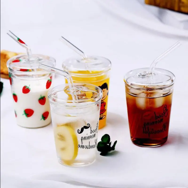 350ml Transparent Glasses Ins Style Mugs Coffee Milk Water Glass Cups with Straws Clear Cute Juice Gifts for Girl Lady Set
