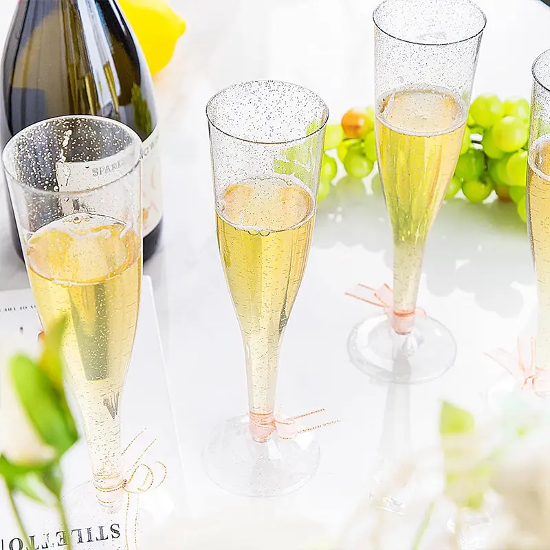 25/50Pcs Clear Champagne Flutes 5oz Plastic Glitter Champagne Flutes Reusable Stemmed Party Wine Cups Crystal Wine Cocktail Cups