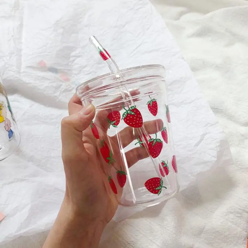 350ml Transparent Glasses Ins Style Mugs Coffee Milk Water Glass Cups with Straws Clear Cute Juice Gifts for Girl Lady Set