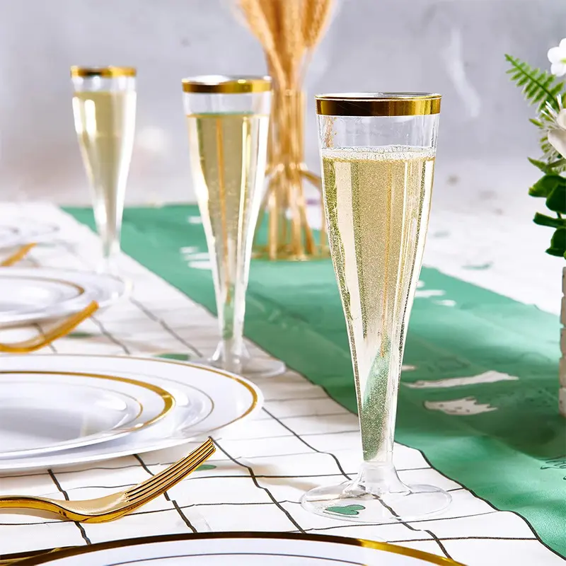 25/50Pcs Clear Champagne Flutes 5oz Plastic Glitter Champagne Flutes Reusable Stemmed Party Wine Cups Crystal Wine Cocktail Cups