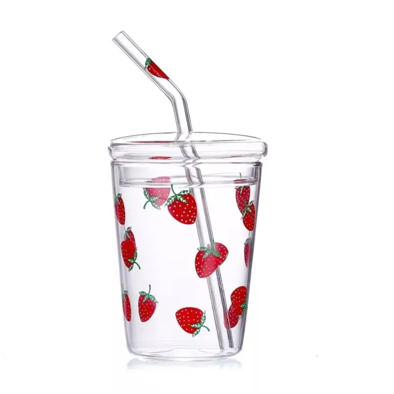 350ml Transparent Glasses Ins Style Mugs Coffee Milk Water Glass Cups with Straws Clear Cute Juice Gifts for Girl Lady Set