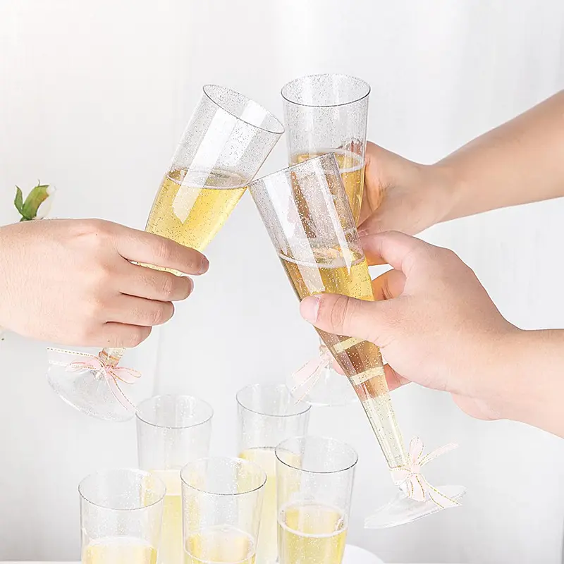25/50Pcs Clear Champagne Flutes 5oz Plastic Glitter Champagne Flutes Reusable Stemmed Party Wine Cups Crystal Wine Cocktail Cups