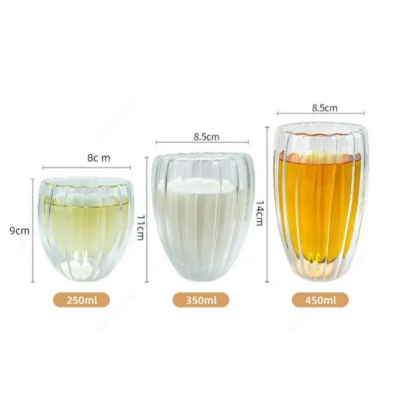 250/350/450ml Glass Cup Stripe Double Wall High Borosilicate Heat Resistant Tea Handmade Milk Juice Whisky Espresso Coffee Mug