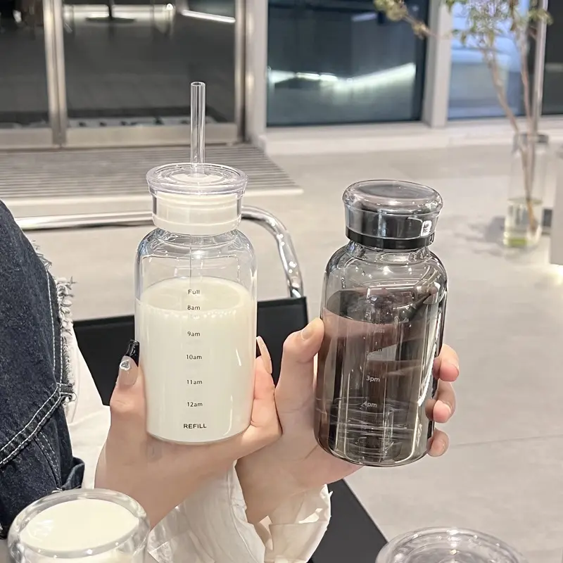 300/500/750ml Large Glass Water Bottle with Straw 2 Lids Clear Kawaii Drinking Bottle Leakproof Iced Coffee Cup for Woman Girl