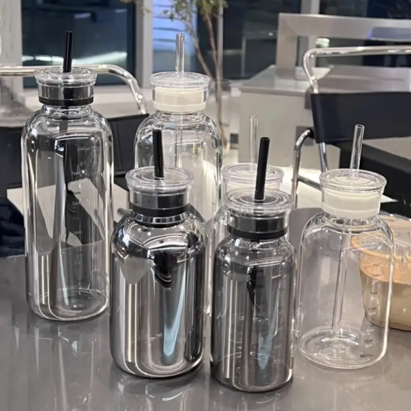 300/500/750ml Large Glass Water Bottle with Straw 2 Lids Clear Kawaii Drinking Bottle Leakproof Iced Coffee Cup for Woman Girl
