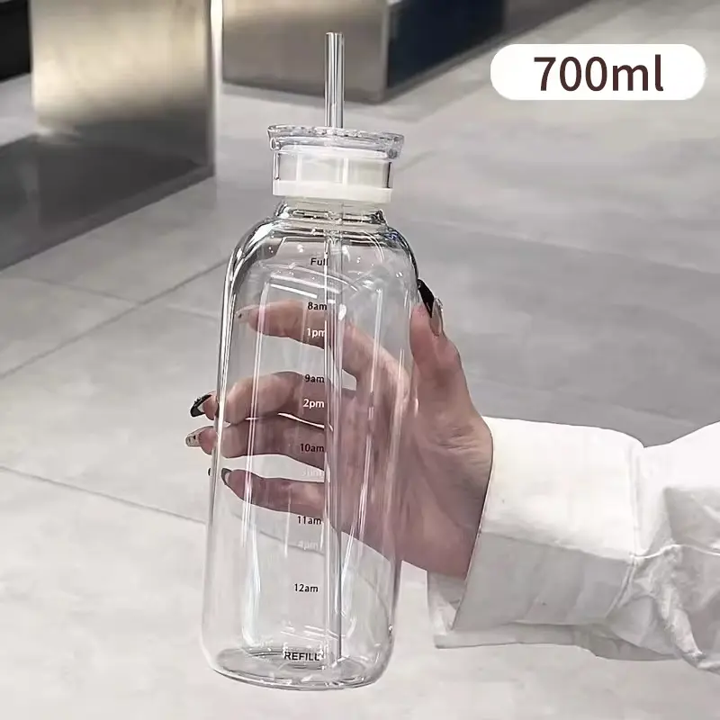 300/500/750ml Large Glass Water Bottle with Straw 2 Lids Clear Kawaii Drinking Bottle Leakproof Iced Coffee Cup for Woman Girl
