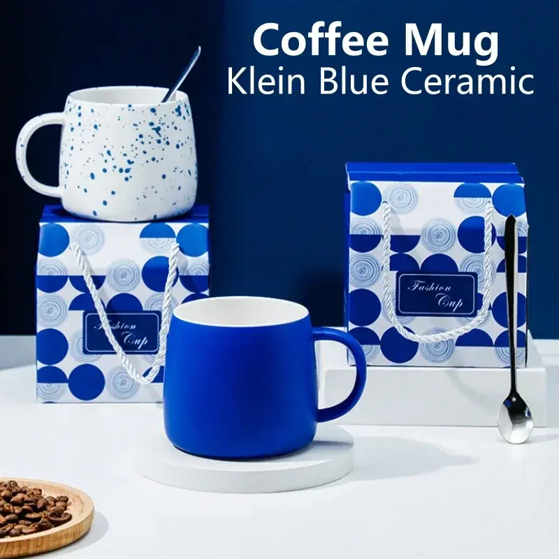 500ml Ceramic Coffee Mug with Spoon Gift Package Klein Blue Splash Ink Porcelain Mug Breakfast Oatmeal Cup Festival Gift