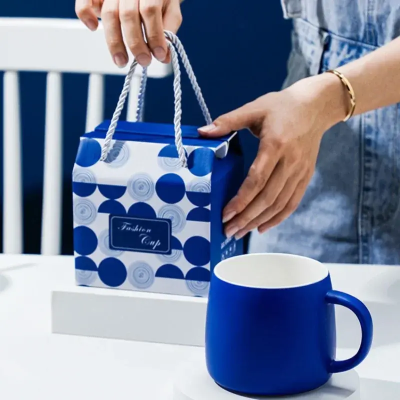 500ml Ceramic Coffee Mug with Spoon Gift Package Klein Blue Splash Ink Porcelain Mug Breakfast Oatmeal Cup Festival Gift