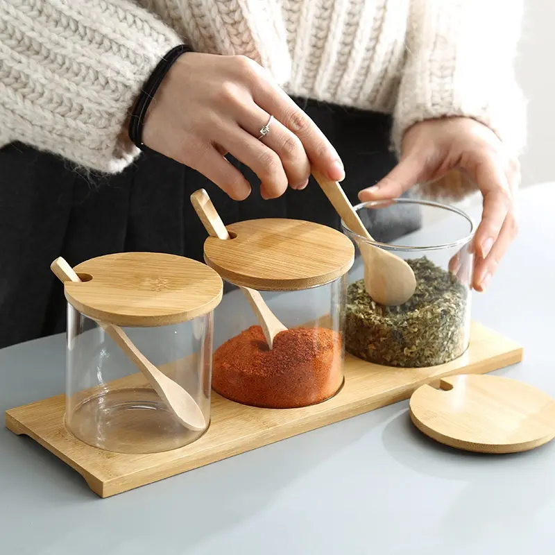 3Pcs Condiment Jars Set Clear Glass Bamboo Lid Spice Jar with Spoon Kitchen Sugar Salt Spices Storage Box Household Container