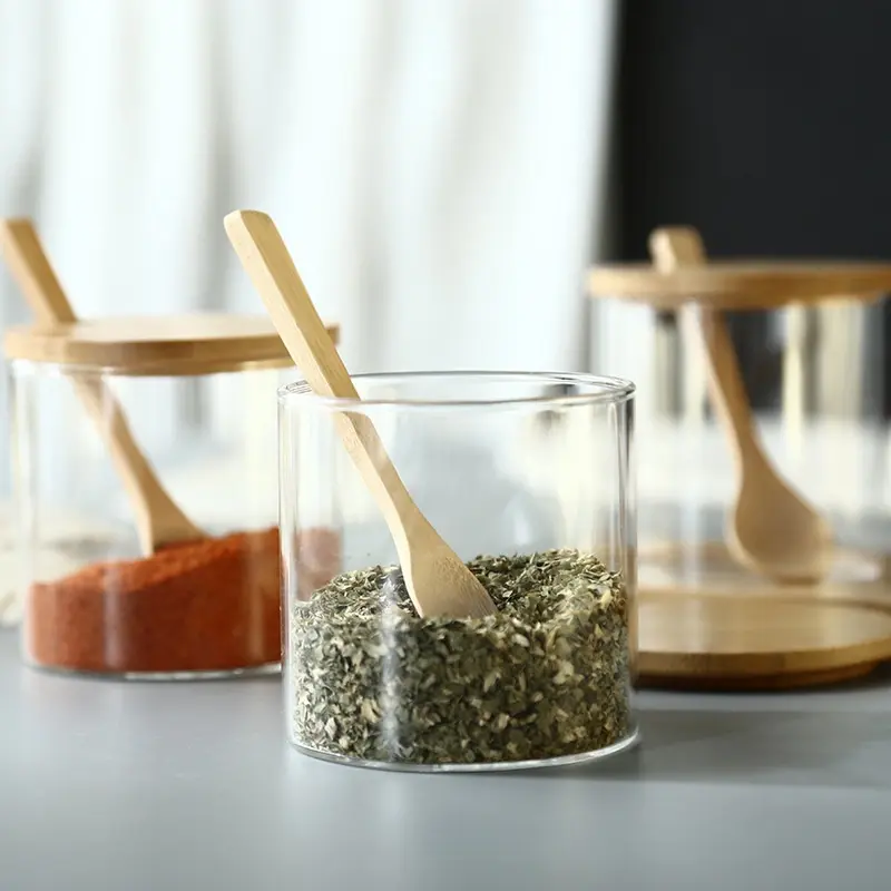 3Pcs Condiment Jars Set Clear Glass Bamboo Lid Spice Jar with Spoon Kitchen Sugar Salt Spices Storage Box Household Container