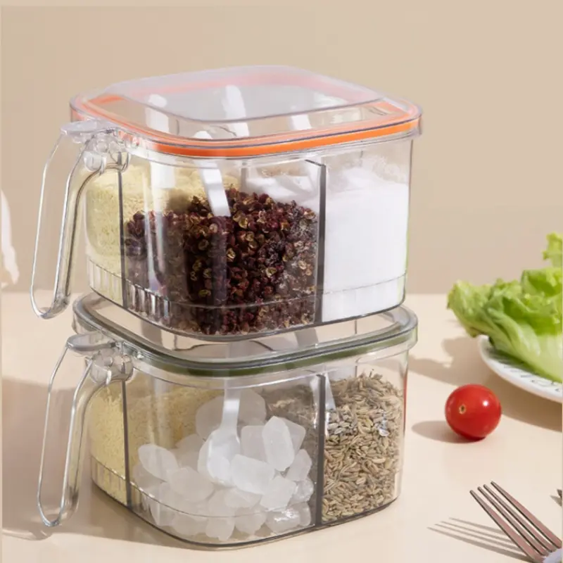 Multi-grid Salt Seasoning Box with Spoons and Sealed Lid Transparent Spice Jar Chili Powder Sugar Bowl Moisture-proof Container