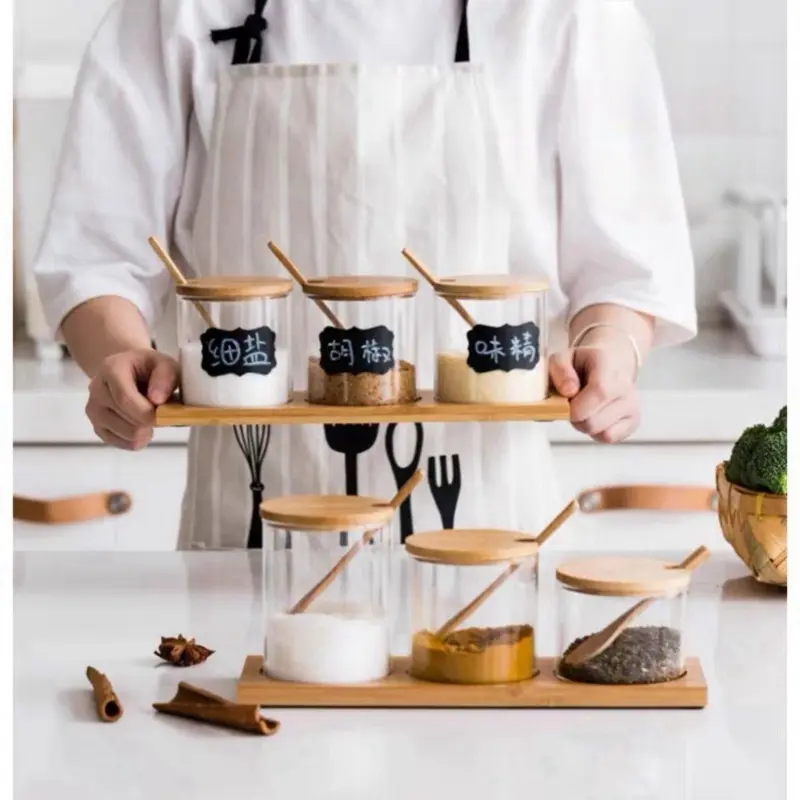 3Pcs Condiment Jars Set Clear Glass Bamboo Lid Spice Jar with Spoon Kitchen Sugar Salt Spices Storage Box Household Container