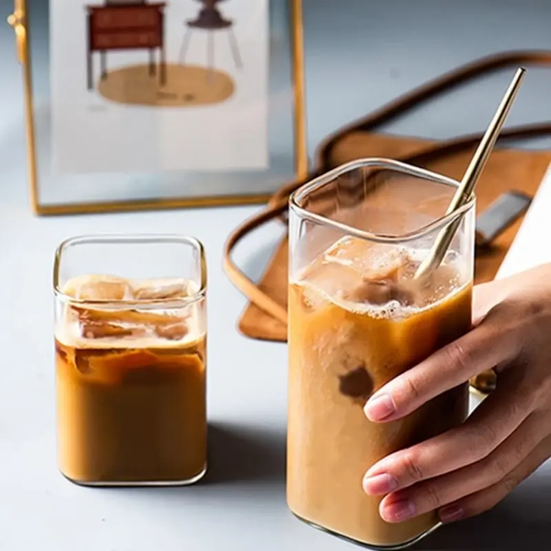 1PCS Coffee Cup Creative Square Glass Transparent Cold Drink Large Capacity Iced Milk Tea Drinking Bottle Red Wine Water Cup