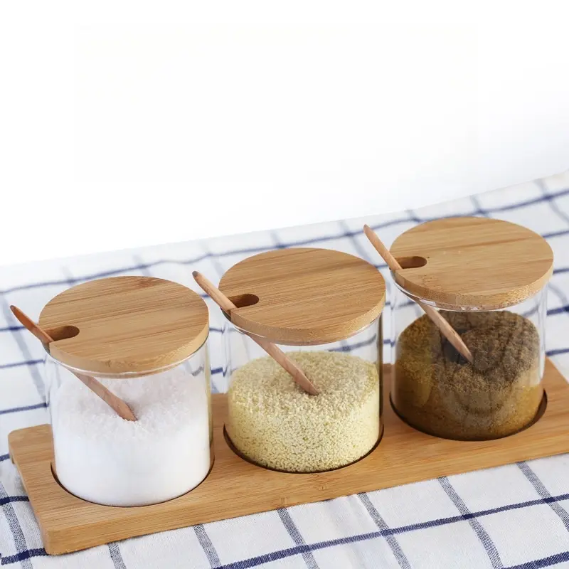 3Pcs Condiment Jars Set Clear Glass Bamboo Lid Spice Jar with Spoon Kitchen Sugar Salt Spices Storage Box Household Container