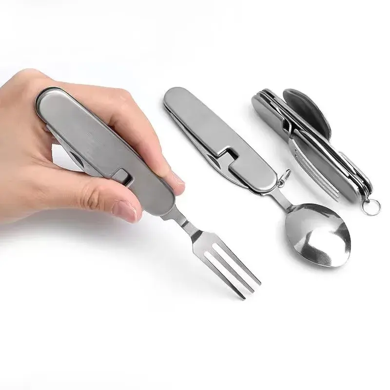Foldable Spoon Knife Fork Bottle Tablespoon Set 4 in 1 Bottle Opener Stainless Steel Folding Pocket Kits Outdoor Camping Utensil