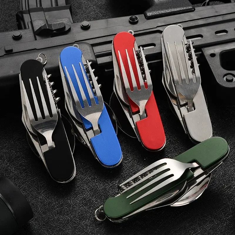 Foldable Spoon Knife Fork Bottle Tablespoon Set 4 in 1 Bottle Opener Stainless Steel Folding Pocket Kits Outdoor Camping Utensil
