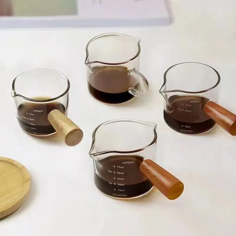 50/75ml Espresso Measuring Cup with Wood Handle Glass Single Mouth Mini Milk Jug Multi-function for Household Coffee Supplies