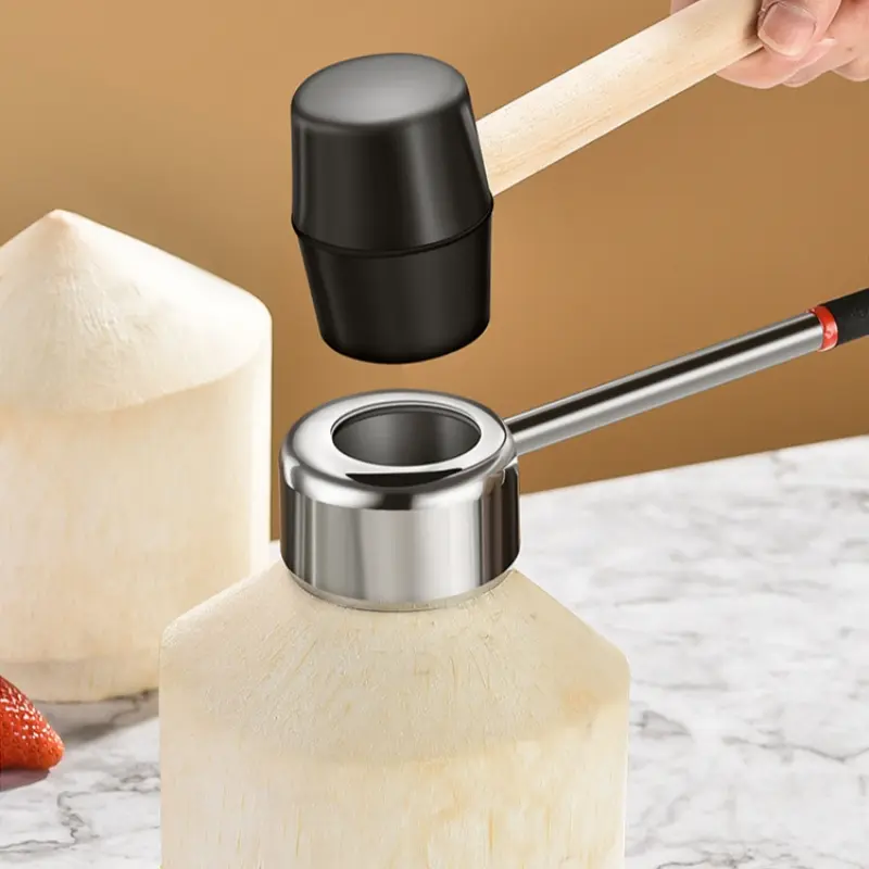 Coconut Opener Tool Food Grade 304 Stainless Steel Opener Coconut Meat Tool Solid Wooden Handle Rubber Hammer DIY Hand Tool