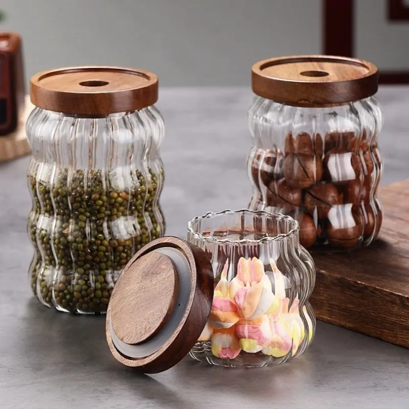 Wood Lid Striped Glass Airtight Canister Kitchen Storage Bottles Jars Food Container Coffee Beans Grains Candy Jar Containers