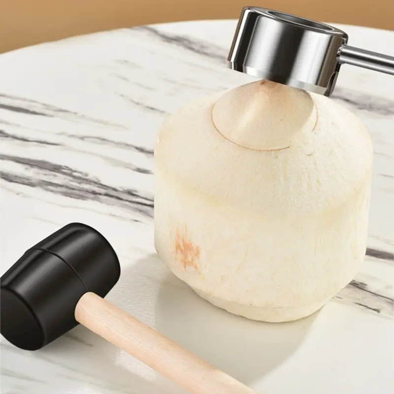 Coconut Opener Tool Food Grade 304 Stainless Steel Opener Coconut Meat Tool Solid Wooden Handle Rubber Hammer DIY Hand Tool