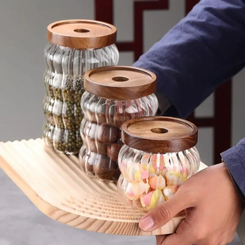 Wood Lid Striped Glass Airtight Canister Kitchen Storage Bottles Jars Food Container Coffee Beans Grains Candy Jar Containers