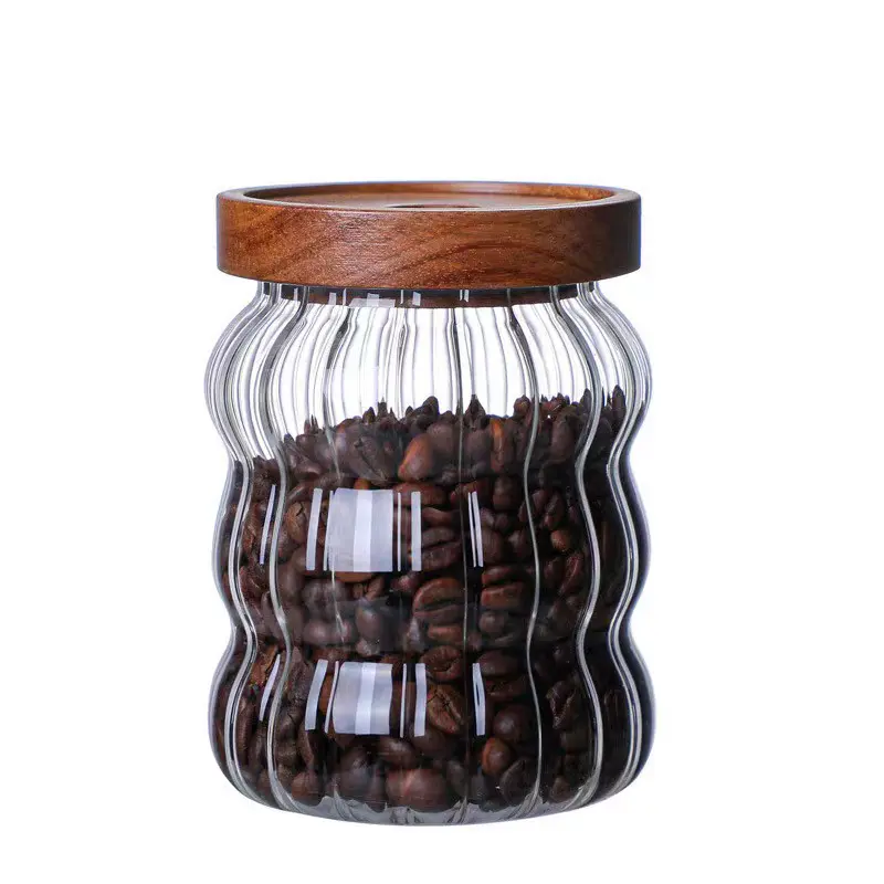 Wood Lid Striped Glass Airtight Canister Kitchen Storage Bottles Jars Food Container Coffee Beans Grains Candy Jar Containers