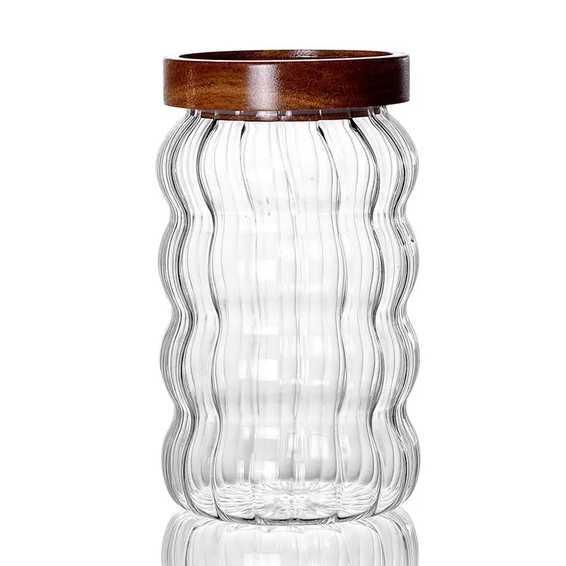 Wood Lid Striped Glass Airtight Canister Kitchen Storage Bottles Jars Food Container Coffee Beans Grains Candy Jar Containers