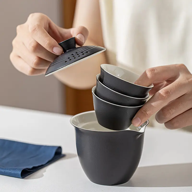 PortableTeacup Set Travel Tea Kit 1 Bowl 3 Cup Durable Minimalist Chinese Style Ceramic Kung Fu Teaware Outdoor Camping Bag