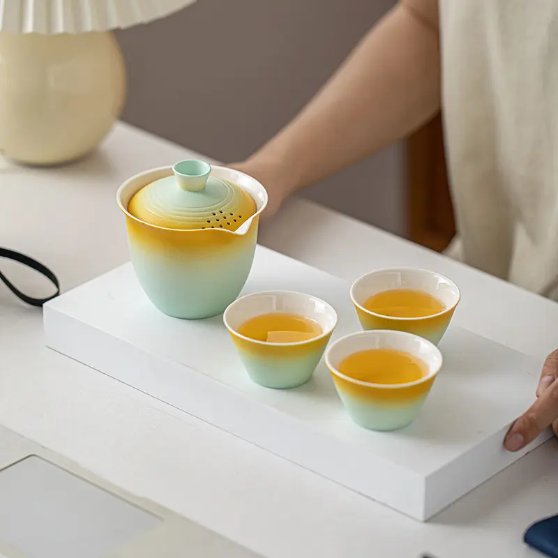 PortableTeacup Set Travel Tea Kit 1 Bowl 3 Cup Durable Minimalist Chinese Style Ceramic Kung Fu Teaware Outdoor Camping Bag