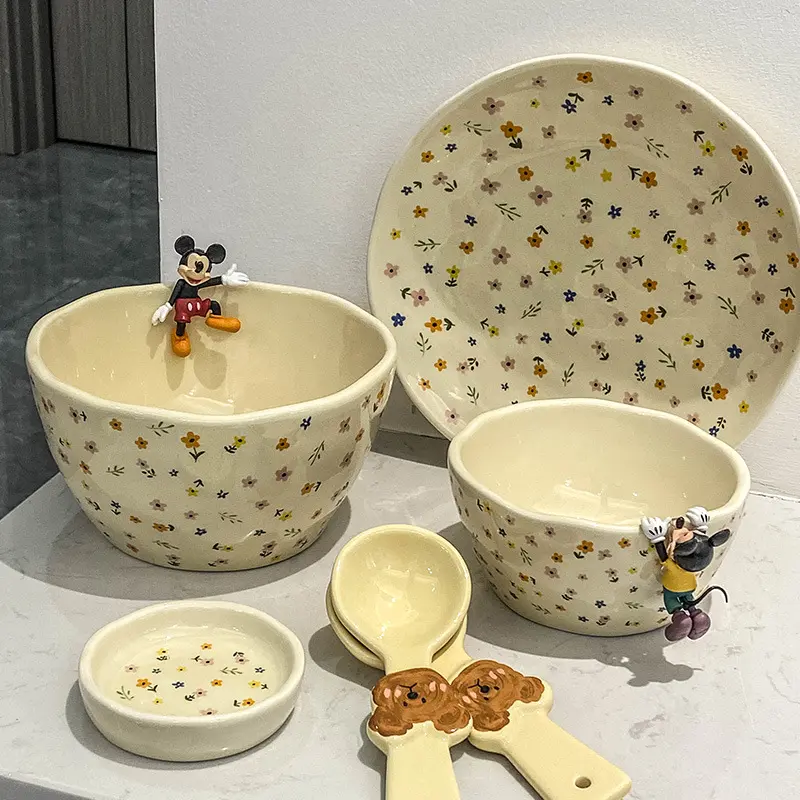 Korean Ceramic Bowl Dish with Fresh Flower Design INS Style High Appearance Level Home Domestic Rice Dish Fruit Salad Bowl