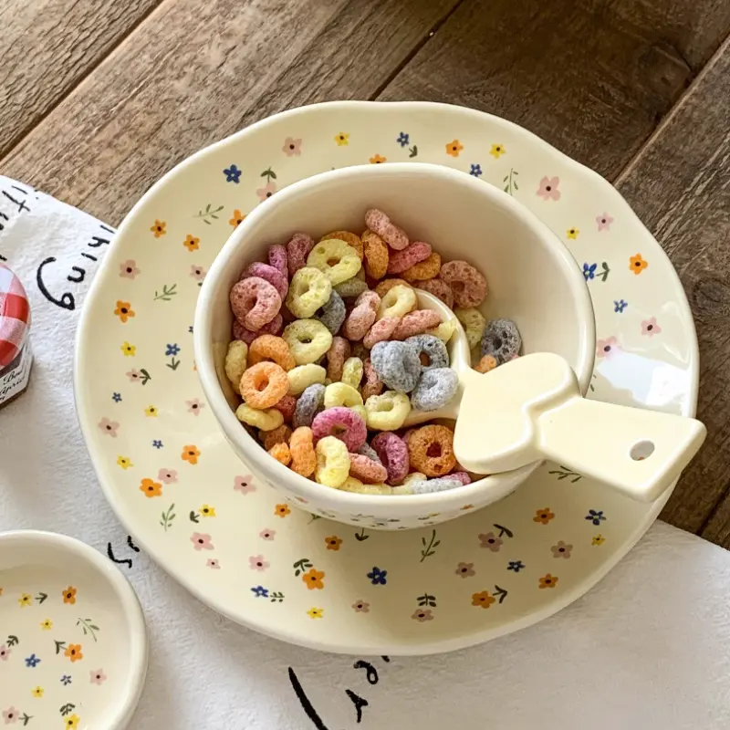 Korean Ceramic Bowl Dish with Fresh Flower Design INS Style High Appearance Level Home Domestic Rice Dish Fruit Salad Bowl