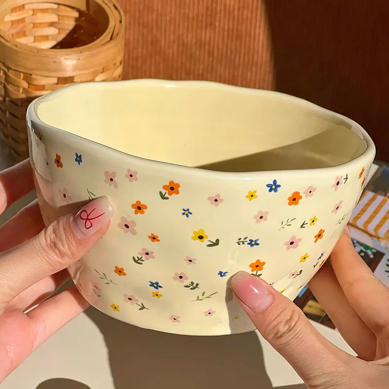 Korean Ceramic Bowl Dish with Fresh Flower Design INS Style High Appearance Level Home Domestic Rice Dish Fruit Salad Bowl