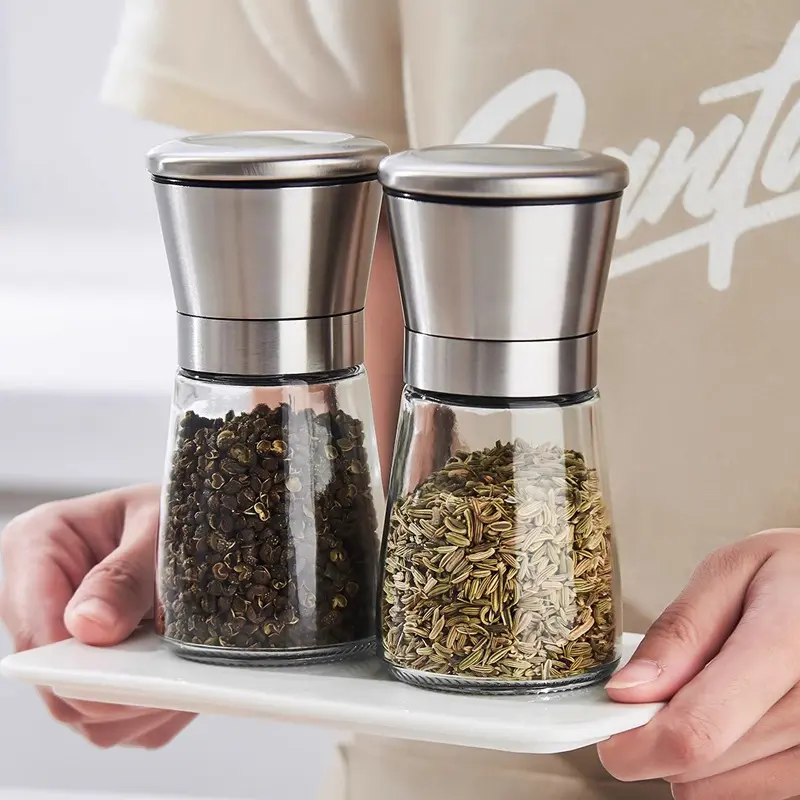2PCS 180/200ML Pepper Grinder with Stainless Steel Mill Manual Spice Glass Salt and Pepper Black Grinder Machine for Household