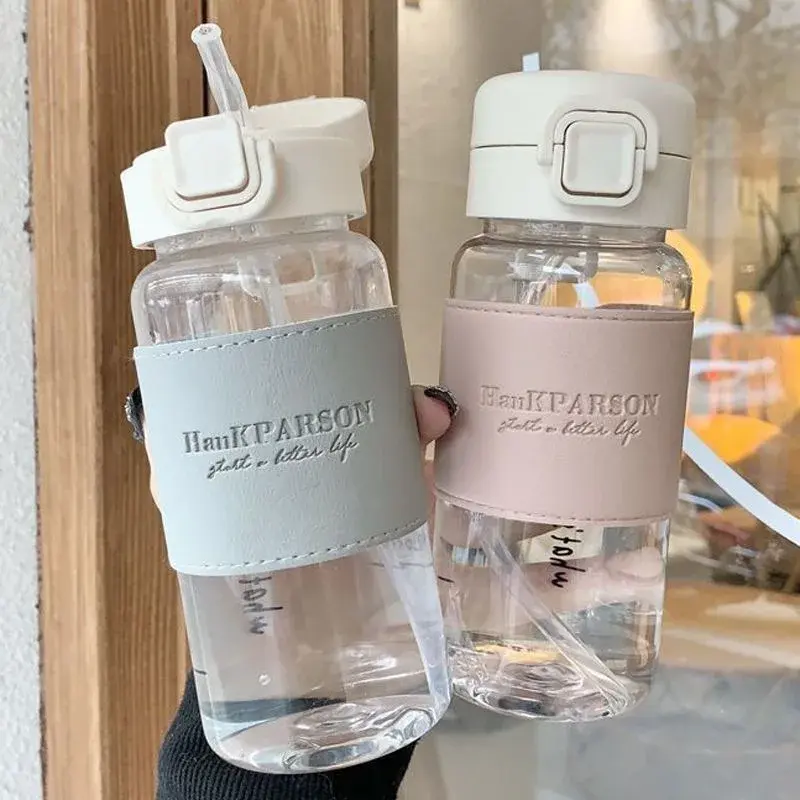 500ml Water Bottle with Straw Portable Clear Leakproof Drinking Bottle Outdoor Travel Office Essential Coffee Tea Water Bottle