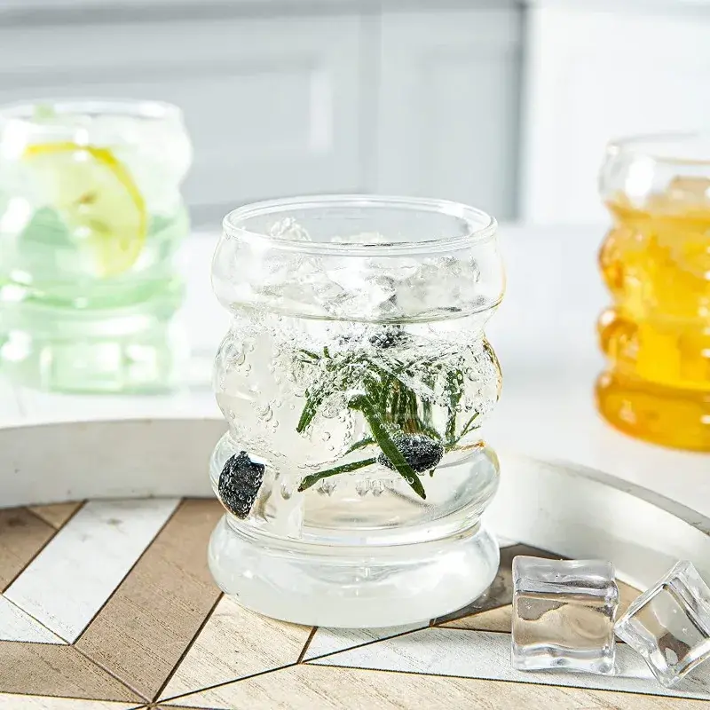 2/3PCS Beverage Glasses Wave Shape Vintage Glass Cups Ripple Threaded Cold Drink Coffee Cup for Milk Juice Champagne Cocktail