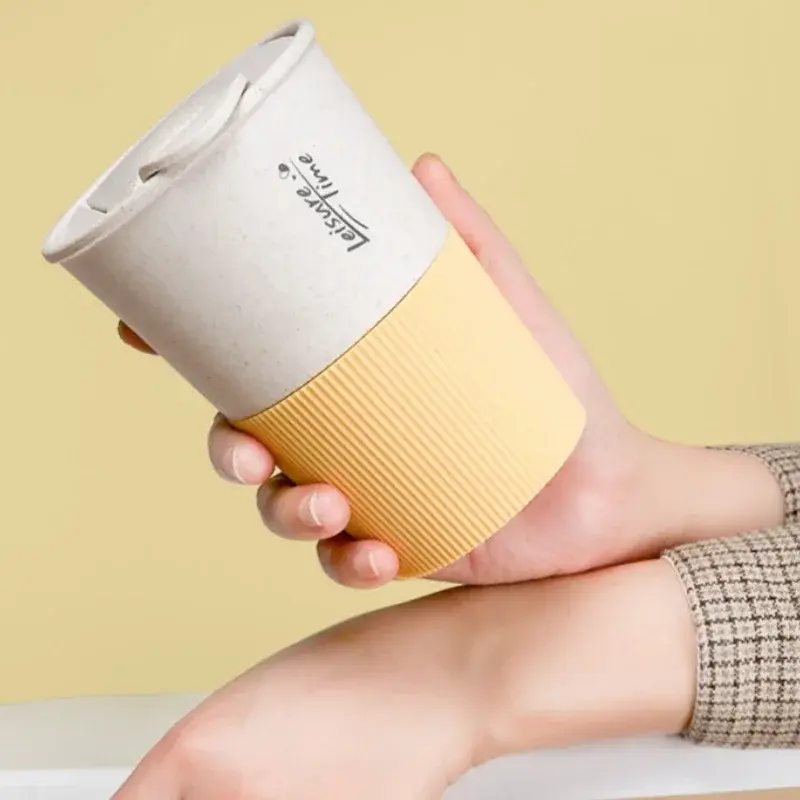 350ML Wheat Straw Coffee Cup Reusable with Cover Sealed Portable Cup Durable Household Water Mug for Couples Milk Drinking Cup