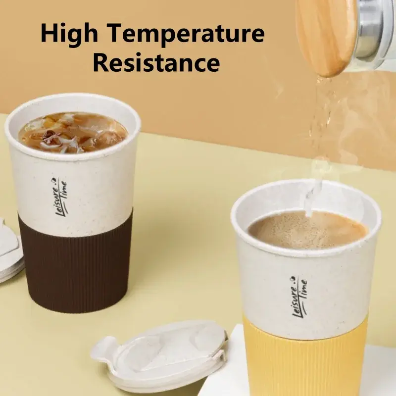 350ML Wheat Straw Coffee Cup Reusable with Cover Sealed Portable Cup Durable Household Water Mug for Couples Milk Drinking Cup