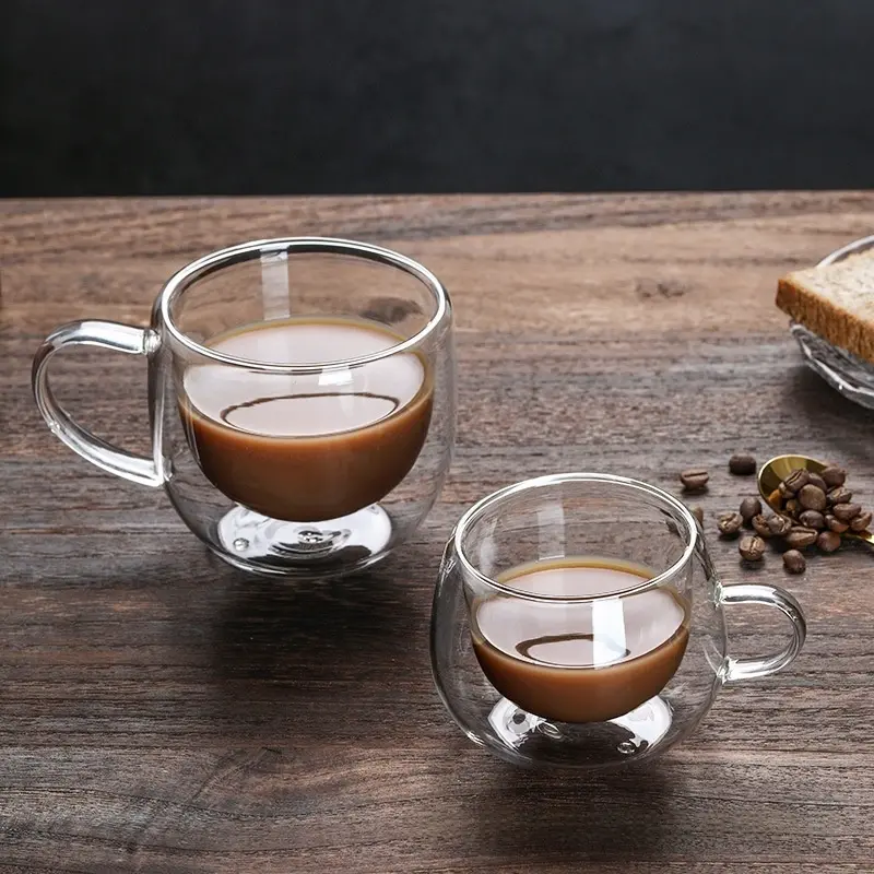 2PCS 150-350ml Heat Resistant High Borosilicate Glass Mug Double Wall Glass Coffee Cup with Handle Milk Water Cup Clear Cups